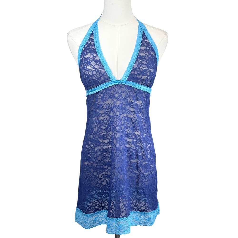 Victoria's Secret The Lacie Babydoll Lingerie Blue Floral Lace Halter M / Large